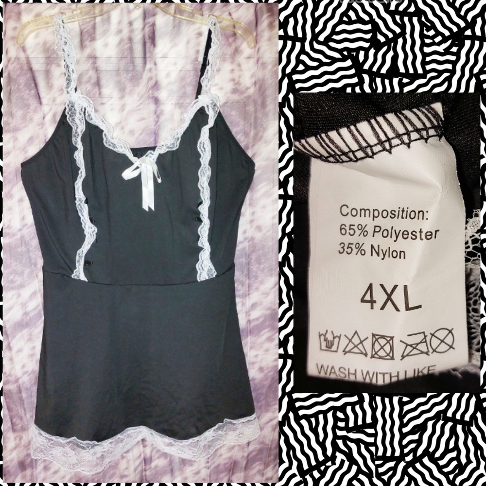 Unbranded Blk w/White Lace Trim French Maid Soft Knit Tank Nightslip/Chemise 4XL